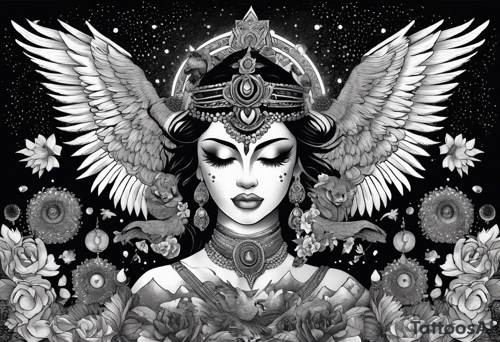black kali, goddess pirate, alien, angel, pachamama, valkrye, warrior, flying, skull, lotus azul, wing, eagle, zenza resonance, stars, 5D, anahata chakra, death, durga, riding on a tiger, flying lady, kundalini, chest tatoo, samuri, rebel, serpent tattoo idea
