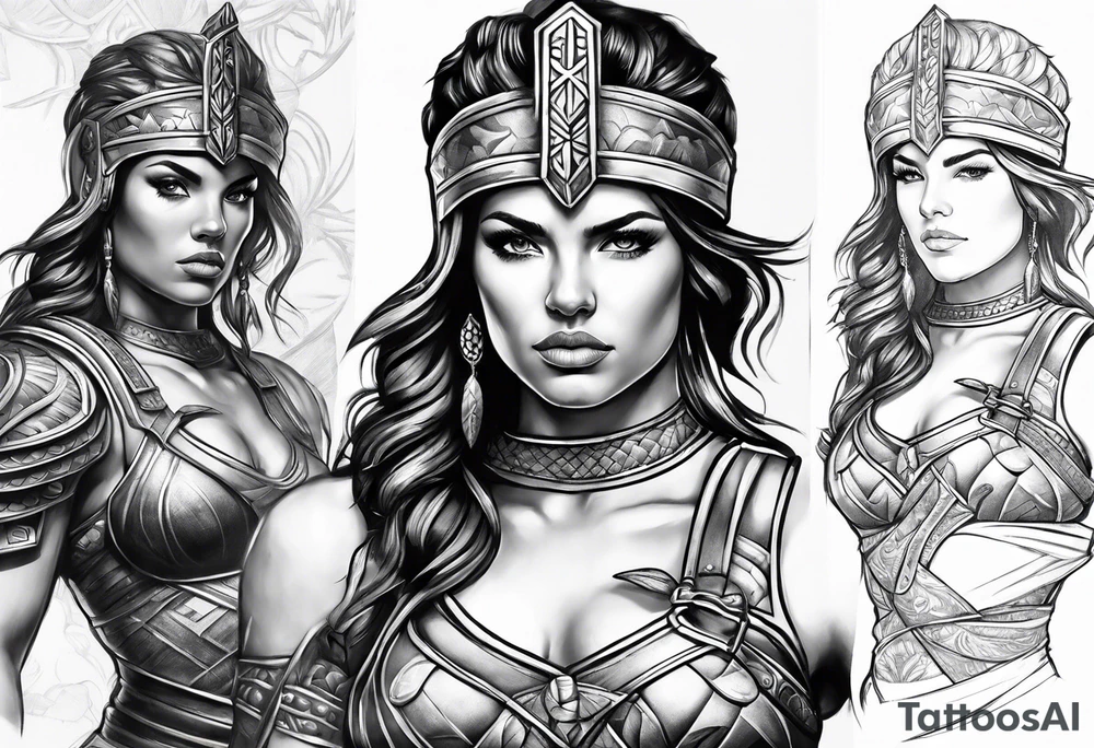 Female gladiator full body cool pose tattoo idea