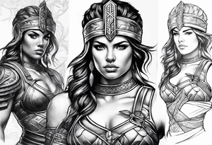 Female gladiator full body cool pose tattoo idea