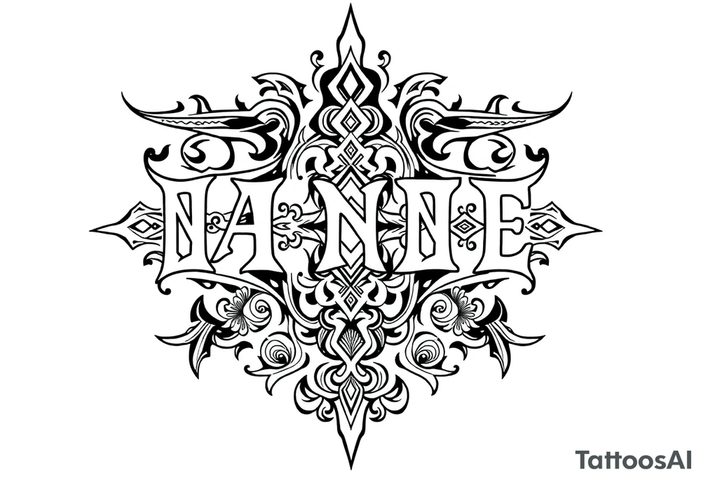 long ornament shaman style mytical with ancient rhyme letters tattoo idea