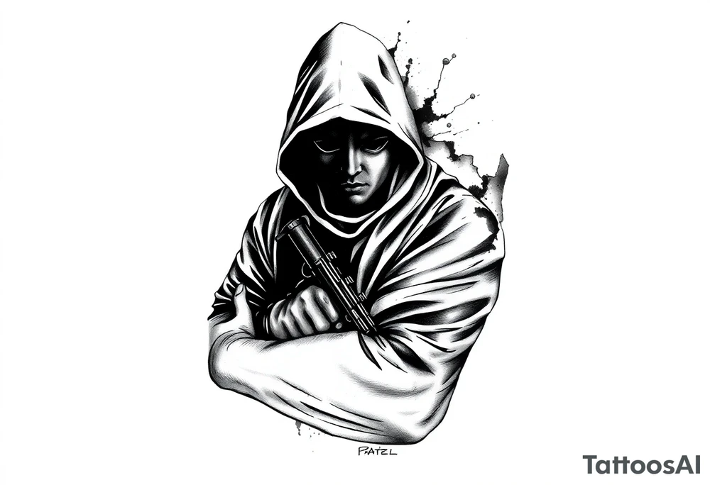 Minimalist covert operative symbolism representing loyalty and survival, faceless soldier silhouette emerging from darkness, torn fabric, subtle scars, controlled posture, black and grey realism, emotional restraint, understated strength, tattoo sleeve element. tattoo idea