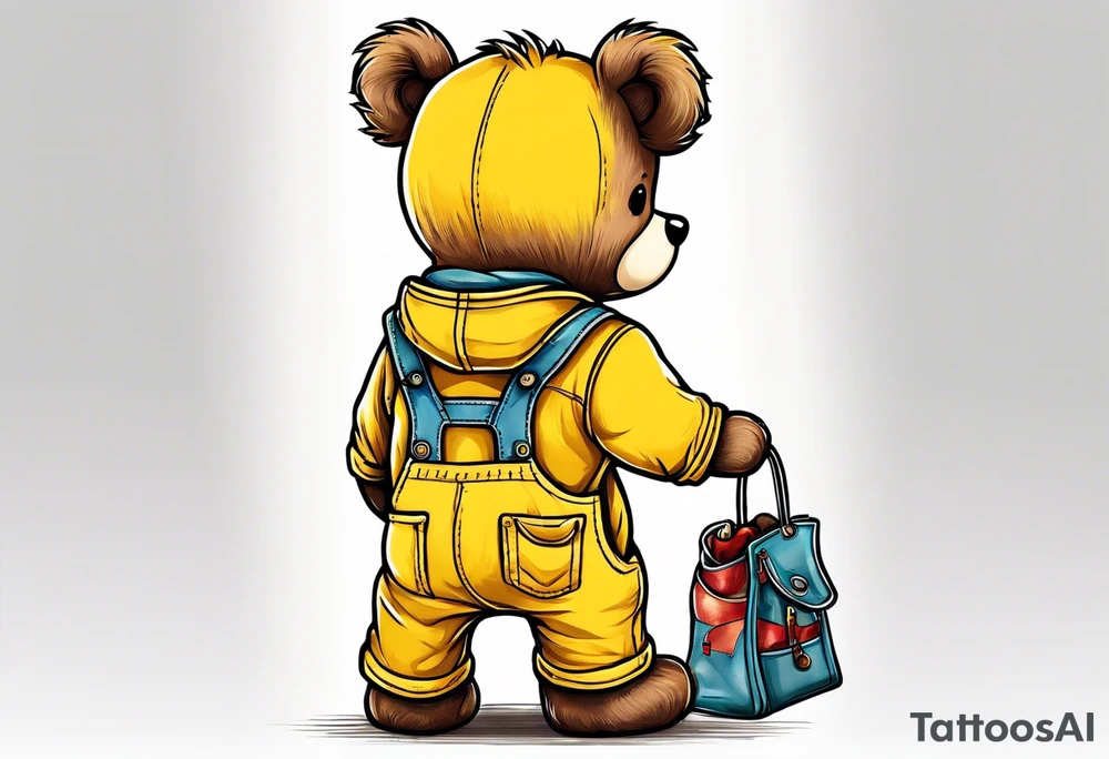 the back of a standing, skinny, brown ,
teddy bear in long, yellow overalls tattoo idea