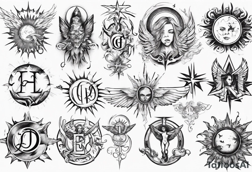 abstraction with sun and letters and angels tattoo idea