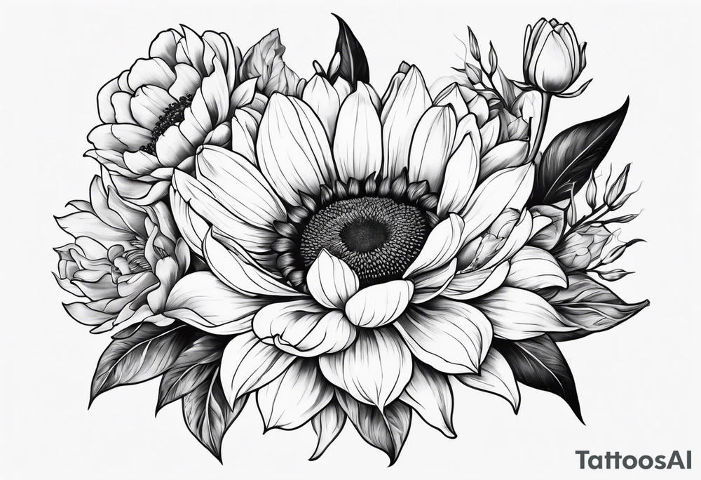 Floral design with sunflower, lily, peony, cherry blossom and tulip tattoo idea