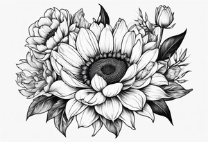 Floral design with sunflower, lily, peony, cherry blossom and tulip tattoo idea