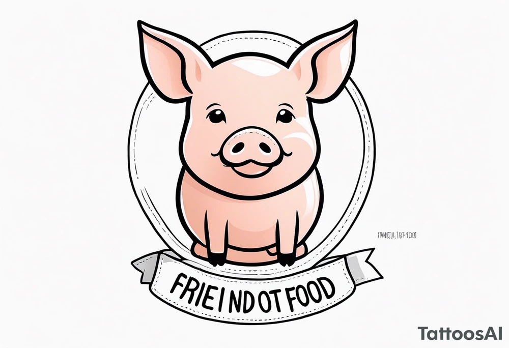cute pig or piglet.
with text: "friends not food"
very thin lines
cartoonish style tattoo idea