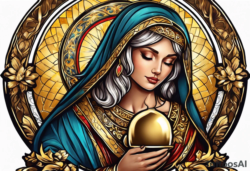 woman saint holding chalice surrounded by golden halo portrait tattoo idea