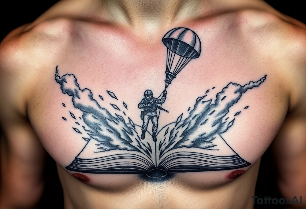 A parachuting soldier falling into an open book. Chaos surrounding, but the book is protecting the soldier from it. On the chest. Make the tattoo smaller. Make it thought provoking. Make the chaos in the environment be an eerie mist. Make the pages in the book be blank. Just one soldier, no other characters. the book is old. tattoo idea