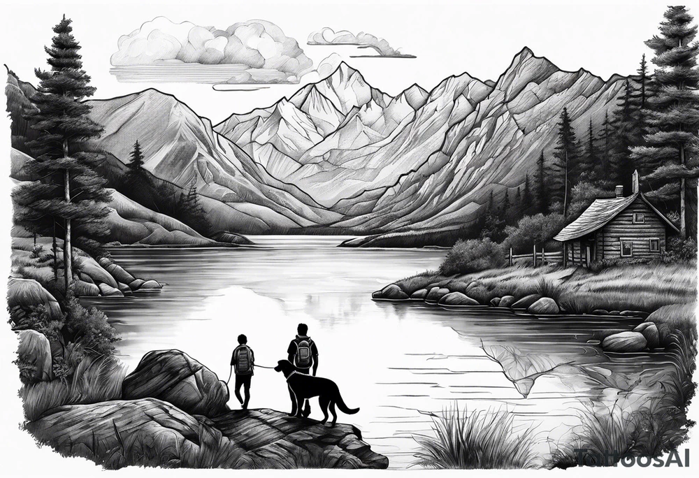 nature, sunset, mountains, a father and son hiking with their dog and cat by the water and a cross in the distance tattoo idea