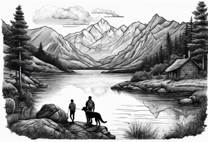 nature, sunset, mountains, a father and son hiking with their dog and cat by the water and a cross in the distance tattoo idea
