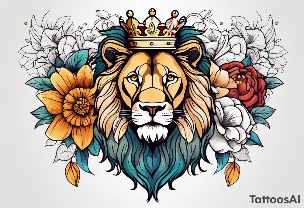 vintage lion with king crown and flowers surrounding it tattoo idea