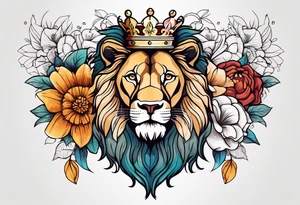vintage lion with king crown and flowers surrounding it tattoo idea