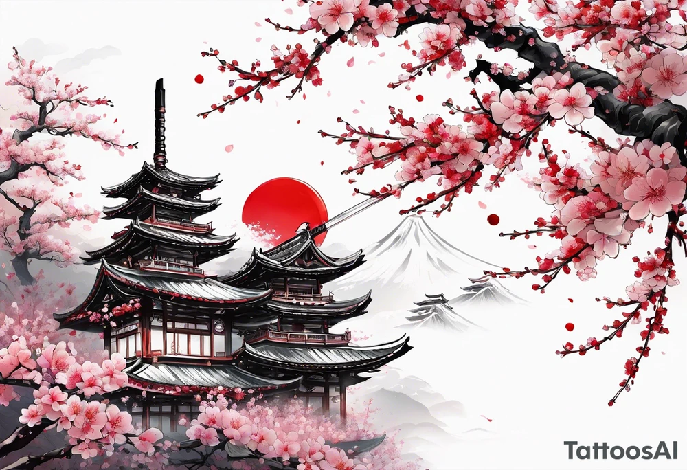 A full length katana with blood on the blade that is wrapped in a sakura with many flowers tattoo idea