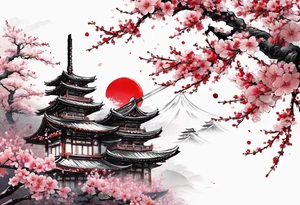 A full length katana with blood on the blade that is wrapped in a sakura with many flowers tattoo idea