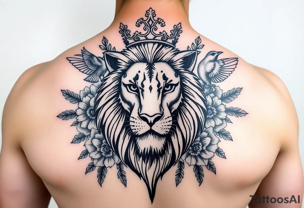 powerful majestic lion with a crown, surrounded by floral ornaments and birds tattoo idea