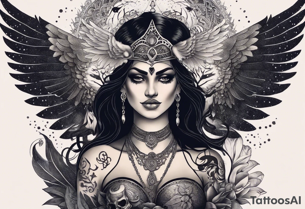 black kali, goddess pirate, alien, angel, pachamama, valkrye, warrior, flying, skull, lotus azul, wing, eagle, zenza resonance, stars, 5D, anahata chakra, death, durga, riding on a tiger, flying lady, chest tatoo tattoo idea