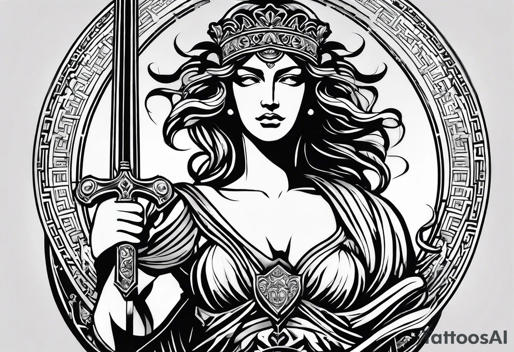 Themis (Greek Goddess of Justice), cutting her eyes with her sword. It is necessary to convey an atmosphere of greed and power. tattoo idea