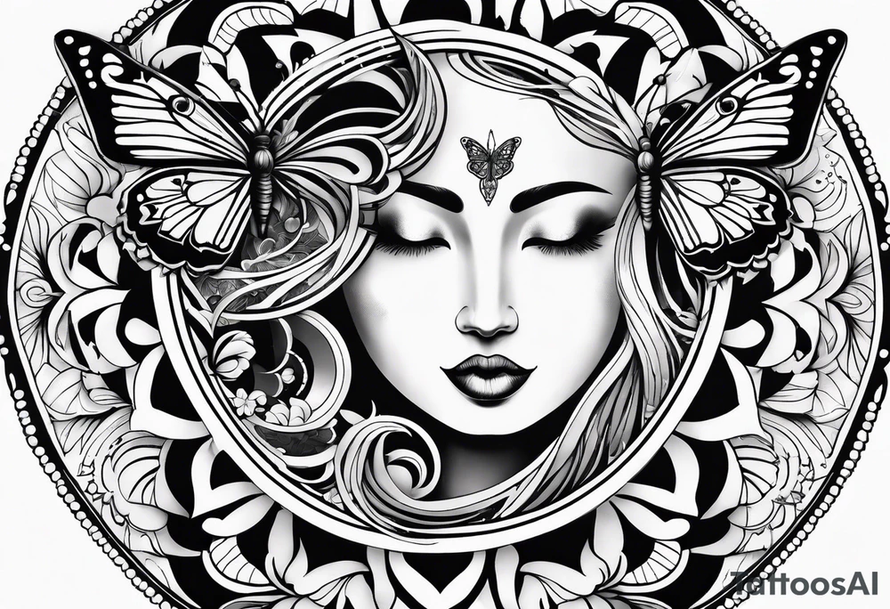 sun and moon tattoo flowing into mandala with butterflies tattoo idea