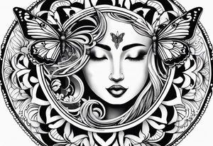 sun and moon tattoo flowing into mandala with butterflies tattoo idea