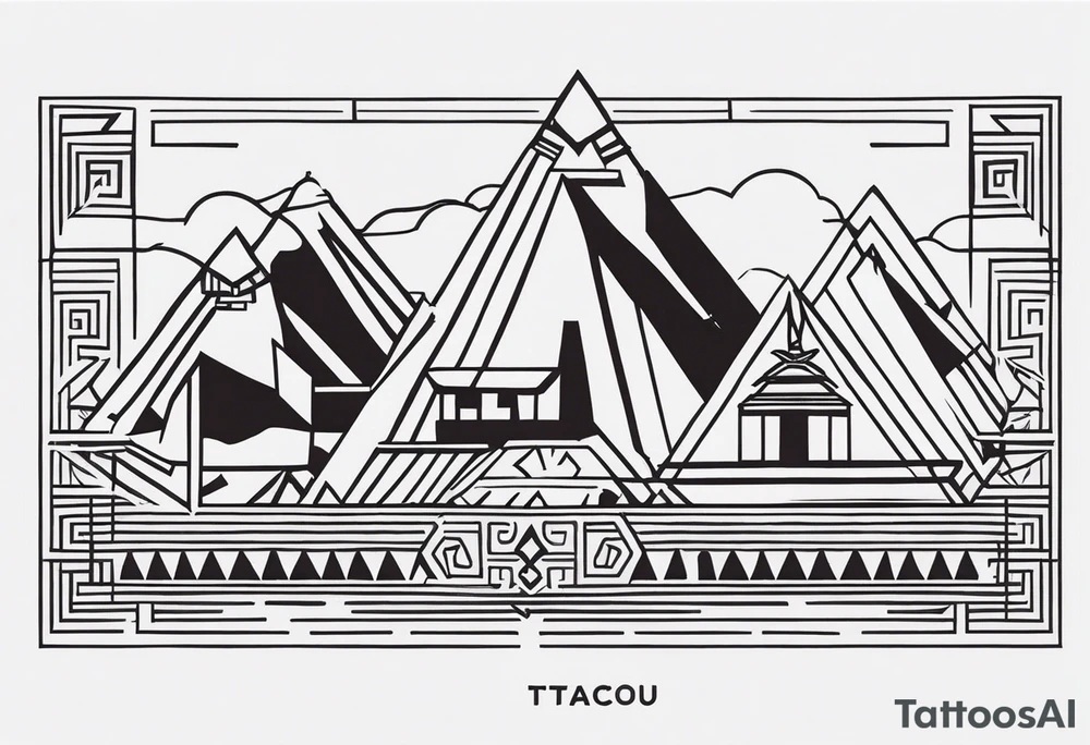 Create a tattoo design in a linear geometric art style depicting images associated with Peru, such as Machu Picchu, llamas or traditional textile patterns. The tattoo should be done in a monochromatic black and white color scheme with clear outlines and minimal details to create an elegant and modern composition. tattoo idea