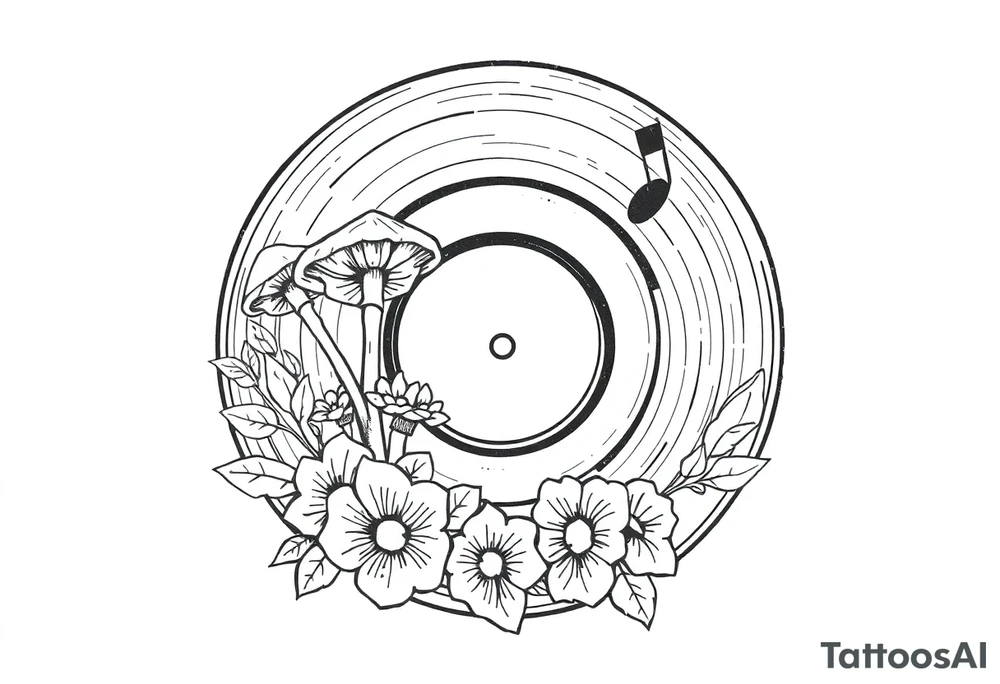 vinyl record with mushrooms, flowers, and music notes tattoo idea