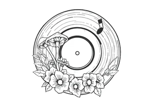 vinyl record with mushrooms, flowers, and music notes tattoo idea