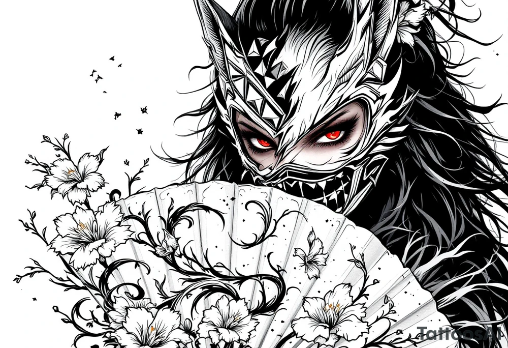 Woman samurai with red eyes wearing an half and broken kitsune mask, holding a japanese fan with Iris flowers tattoo idea