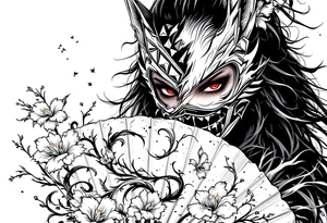 Woman samurai with red eyes wearing an half and broken kitsune mask, holding a japanese fan with Iris flowers tattoo idea