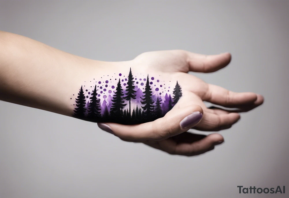 forest, abstract, on hand, no people, purple and black, full, whole wrist wrapped tattoo idea
