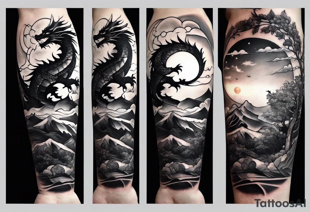 Half sleeve forearm tattoo. Representing the hero’s journey. Haku the dragon, a tree, clouds, a broken sword, the sun and moon tattoo idea