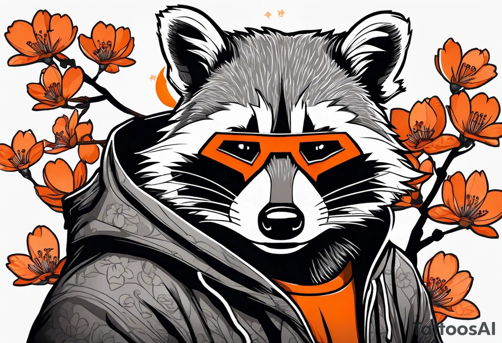 Raccoon wearing a white Superman logo on a black hoodie and orange Japanese cherry blossoms beside tattoo idea