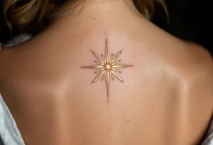 A shimmering gold eight-pointed star tattoo evokes celestial power and divine energy. tattoo idea