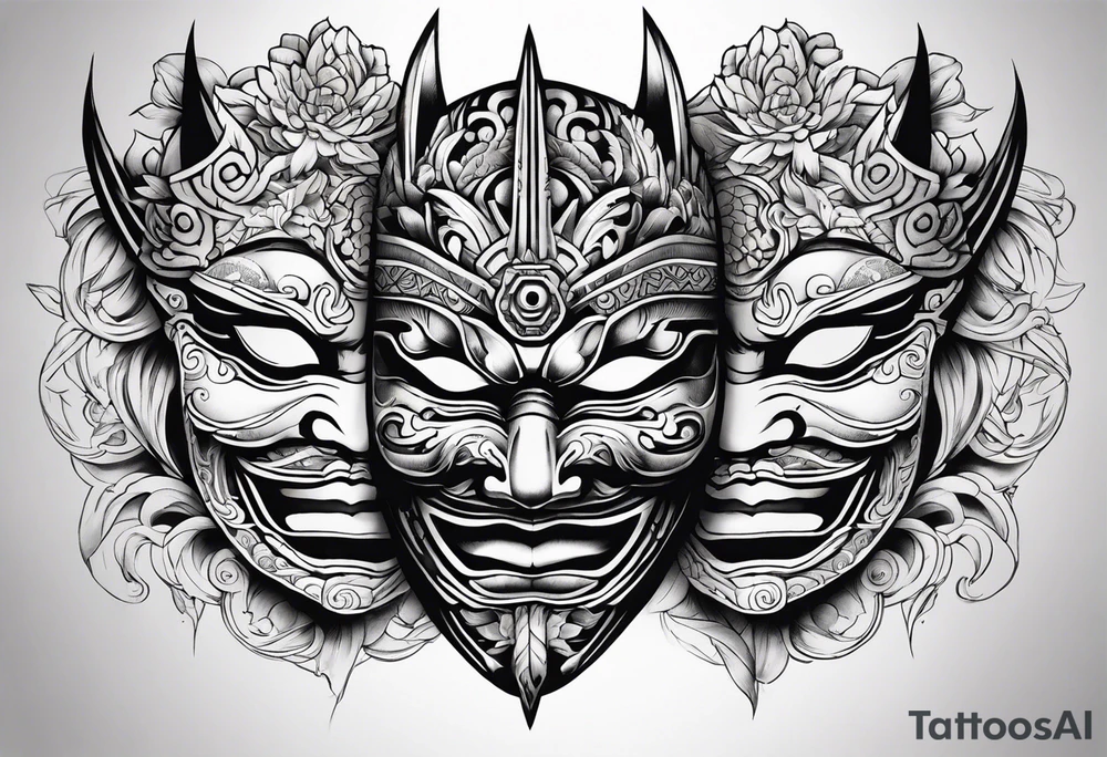 Japenese henya mask split tattoo idea