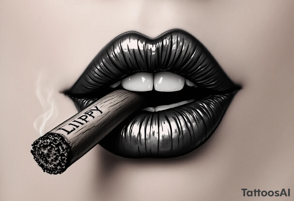 Set of mean lips with a cigar and smoke saying LIPPY tattoo idea