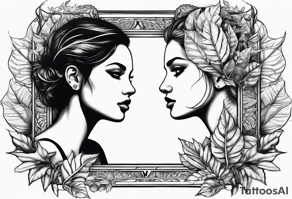 two faces with leafs and frames tattoo idea