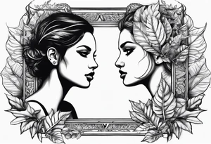 two faces with leafs and frames tattoo idea
