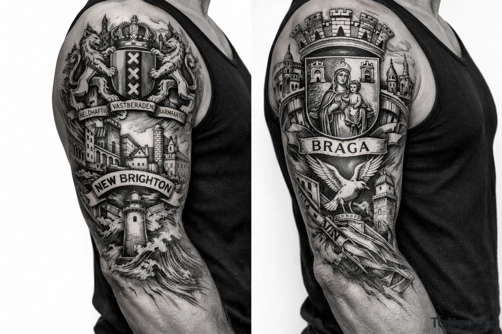 Crests of Amsterdam and Braga and New Brighton tattoo idea