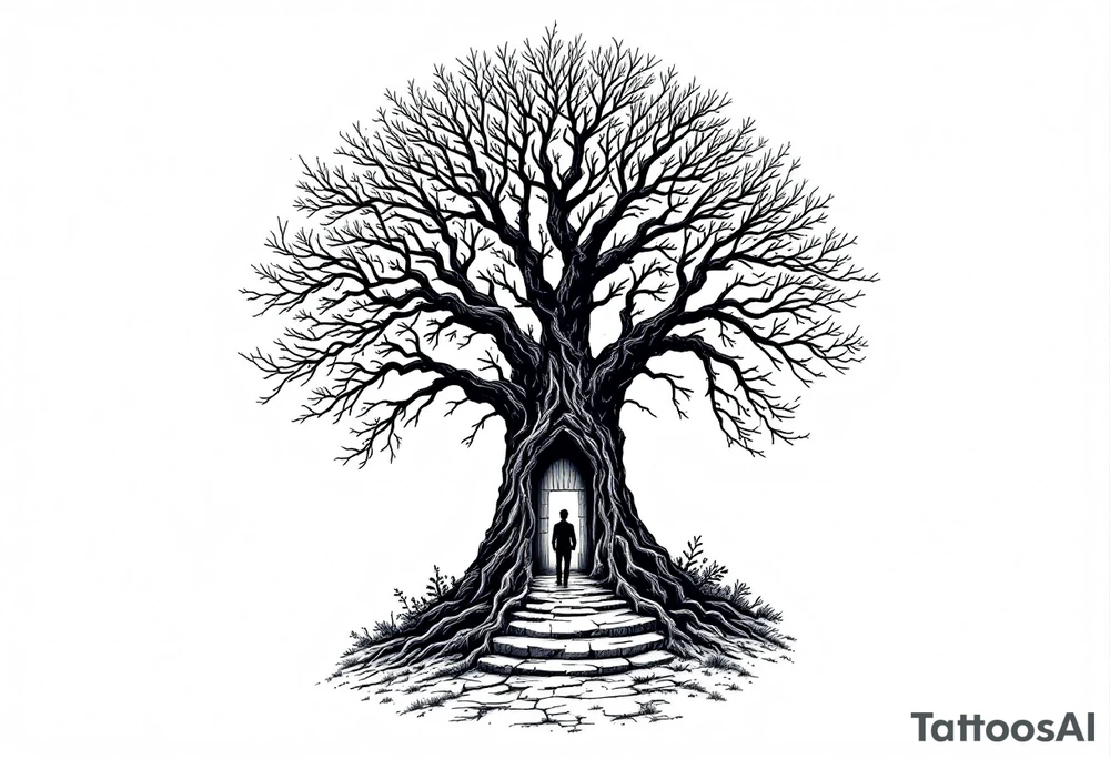 Back tattoo of a big tree with a door and a man walking through the door tattoo idea