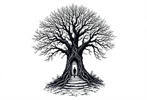 Back tattoo of a big tree with a door and a man walking through the door tattoo idea