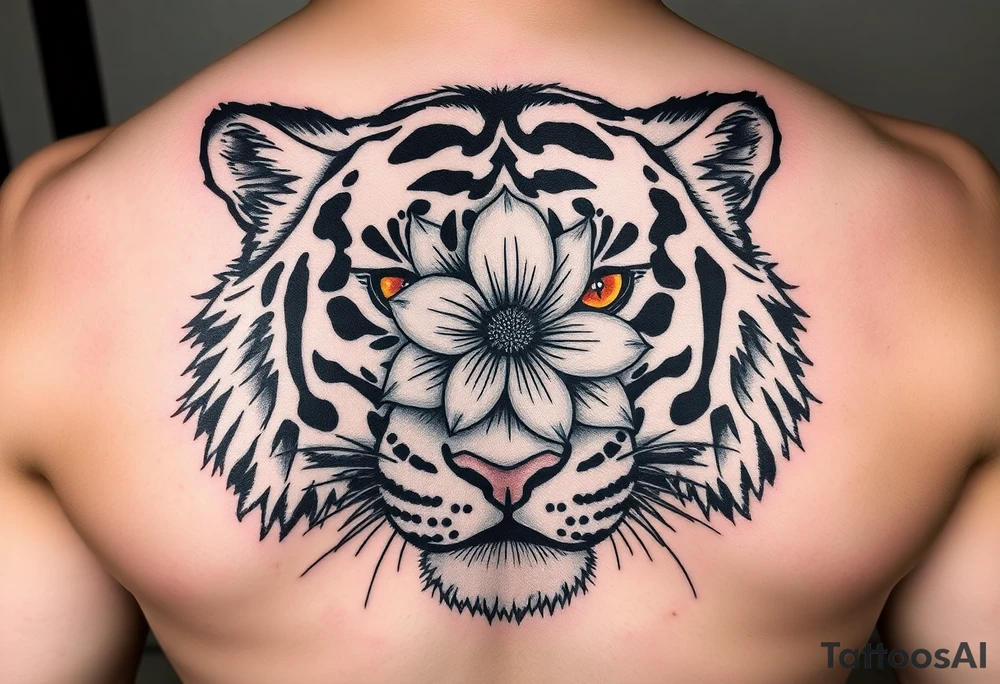 tiger with flower in the pupil of the eye bright colors tattoo idea