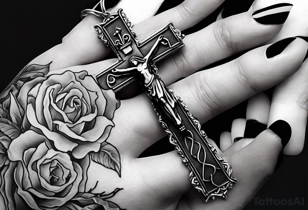 A woman’s praying hands holding a rosary catholic style tattoo idea