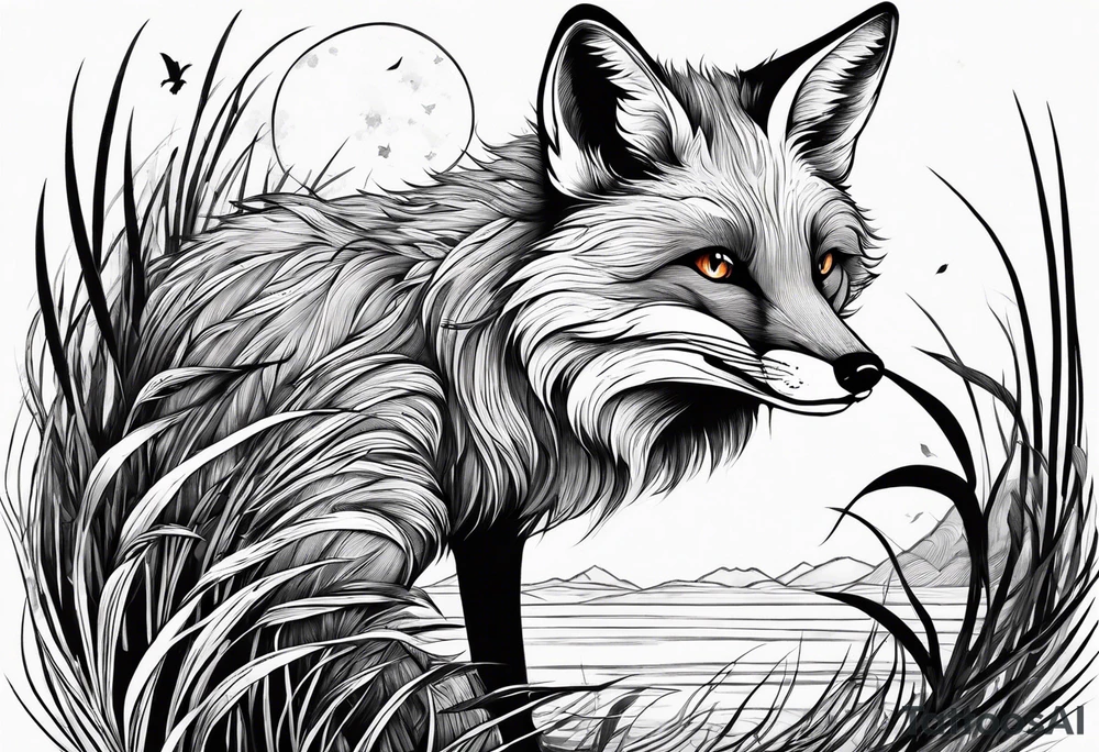 Creepy fox in the reeds jumping tattoo idea