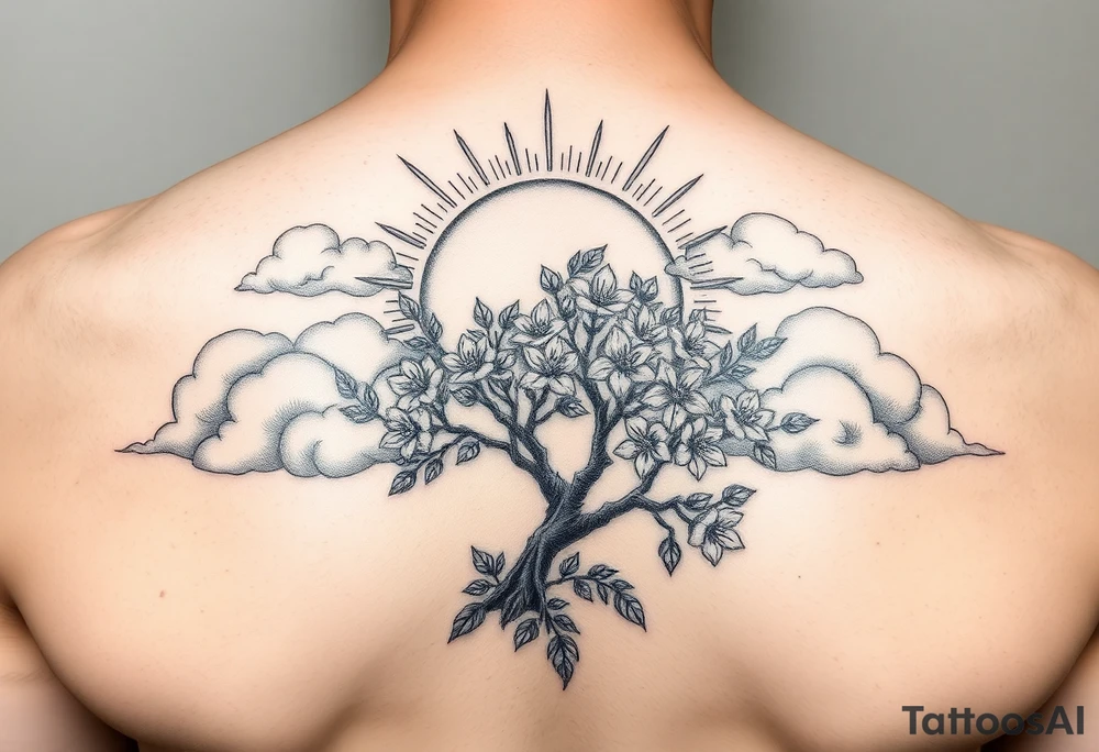 sun
surrounding by clouds, tree blooming with flowers on the shoulder tattoo idea sun
surrounding by clouds, tree blooming with flowers on the shoulder tattoo idea