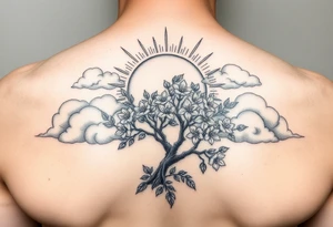 sun 
 surrounding by clouds, tree blooming with flowers on the shoulder tattoo idea