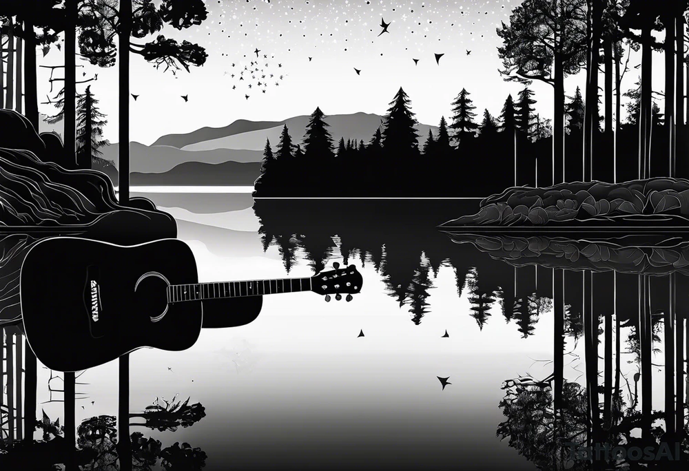 sideways black acoustic guitar made out of trees on one side with a reflection in a lake on the other side at night with a star and prayer hands on the body. tattoo idea