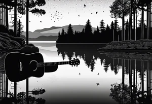 sideways black acoustic guitar made out of trees on one side with a reflection in a lake on the other side at night with a star and prayer hands on the body. tattoo idea