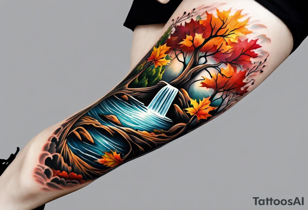 Knee tattoo with fall colors showing leaves, water flow, trees and sky tattoo idea