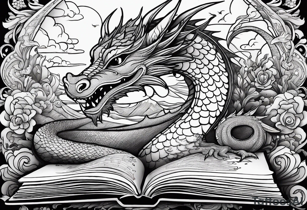 Open book, coming to life, whimsical, dragons tattoo idea