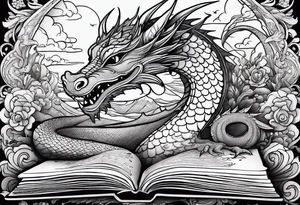 Open book, coming to life, whimsical, dragons tattoo idea