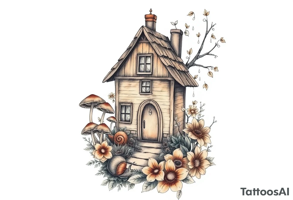 Fall themed cottage surrounded by mushrooms, a snail, add some falling leaves off the tree branches, falling rain, and fall themed flowers as background filler tattoo idea